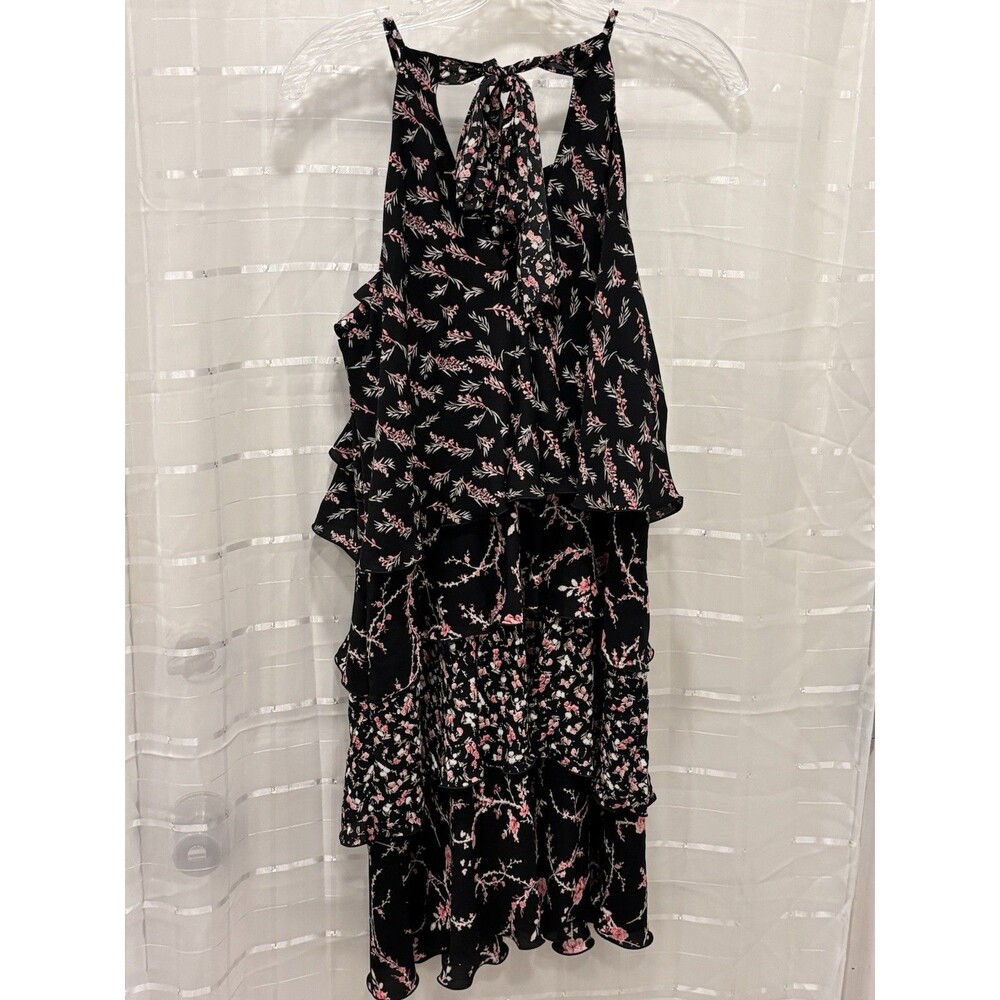 White House Black Market Tiered Ruffle Floral Halter Dress Black Pink Size 8